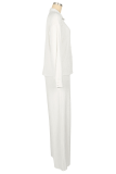 White Casual Solid Color Draw String Turndown Collar Long Sleeve Two Pieces