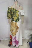 Colour Casual Vacation Print Backless Oblique Collar Long Dresses