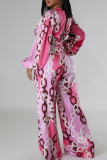 Pink Casual Print Strap Design Deep V Neck Loose Jumpsuits