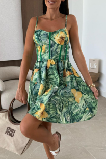 Green Sexy Print Backless Spaghetti Strap A Line Dresses