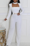 Coffee Casual Solid Color Hollow Out Metal Accessories Trim O Neck Regular Jumpsuits