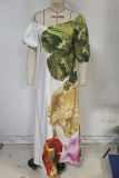 Colour Casual Vacation Print Backless Oblique Collar Long Dresses