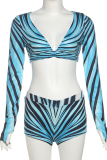 Green Sexy Print Patchwork Deep V Neck Long Sleeve Two Pieces