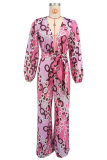 Pink Casual Print Strap Design Deep V Neck Loose Jumpsuits