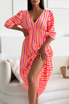 Orange Pink Casual Vacation Stripe Patchwork V Neck Long Dresses