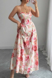 Pink Elegant Print Backless Spaghetti Strap Long Dresses