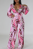 Pink Casual Print Strap Design Deep V Neck Loose Jumpsuits