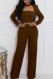 Coffee Casual Solid Color Hollow Out Metal Accessories Trim O Neck Regular Jumpsuits