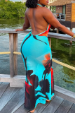 Blue Sexy Print Backless Halter Long Dresses