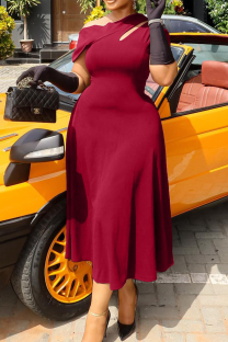 Deep Red Elegant Solid Color Hollow Out Zipper Oblique Collar Long Plus Size Dresses