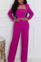 Rose Red Casual Solid Color Hollow Out Metal Accessories Trim O Neck Regular Jumpsuits