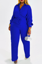 Blue Casual Solid Color Draw String Turndown Collar Long Sleeve Two Pieces