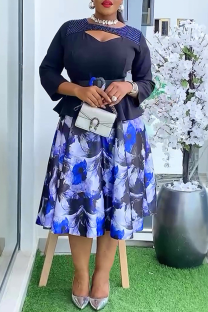 Deep Blue Elegant Print With Belt O Neck Long Plus Size Dresses