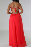 Red Casual Solid Color Pocket Backless Spaghetti Strap Loose Jumpsuits