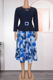 Yellow Elegant Print With Belt O Neck Long Plus Size Dresses