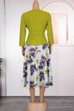 Yellow Elegant Print With Belt O Neck Long Plus Size Dresses