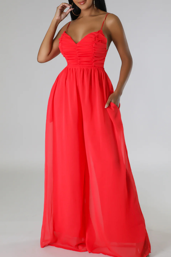 Red Casual Solid Color Pocket Backless Spaghetti Strap Loose Jumpsuits