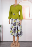 Yellow Elegant Print With Belt O Neck Long Plus Size Dresses