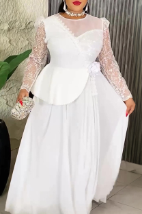 White Elegant Solid Color Patchwork O Neck Evening Plus Size Dresses