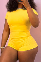 Yellow Casual Solid Color Patchwork O Neck Short Sleeve Two Pieces