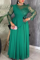 Green Elegant Solid Color Patchwork O Neck Evening Plus Size Dresses