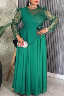 Green Elegant Solid Color Patchwork O Neck Evening Plus Size Dresses