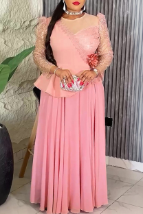 Pink Elegant Solid Color Patchwork O Neck Evening Plus Size Dresses