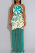Blue Elegant Print Fringed Trim Backless Halter Long Dresses