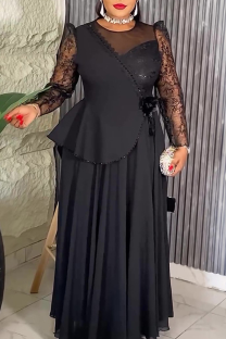 Black Elegant Solid Color Patchwork O Neck Evening Plus Size Dresses