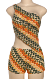 Orange Sexy Print Backless Irregular Oblique Collar Sleeveless Two Pieces