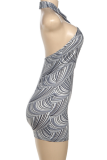 Black Sexy Print Hollow Out Halter Wrapped Skirt Dresses