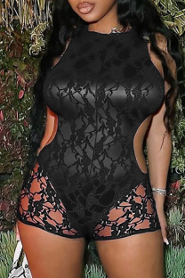 Black Sexy Solid Color Lace Hollow Out O Neck Skinny Rompers