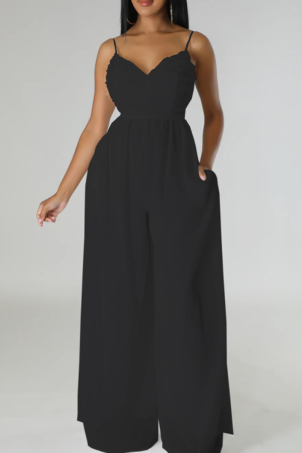 Black Casual Solid Color Pocket Backless Spaghetti Strap Loose Jumpsuits