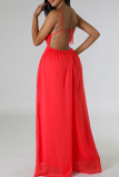 Red Casual Solid Color Pocket Backless Spaghetti Strap Loose Jumpsuits