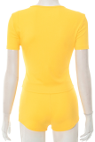 Yellow Casual Solid Color Patchwork O Neck Short Sleeve Two Pieces