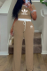 Khaki Casual Letters Draw String Contrast O Neck Short Sleeve Two Pieces