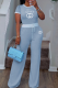 Sky Blue Casual Letters Draw String Contrast O Neck Short Sleeve Two Pieces