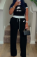 Black Casual Letters Contrast O Neck Short Sleeve Two Pieces