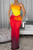 Red Sexy Gradient Color Hollow Out Asymmetrical Collar Evening Dresses