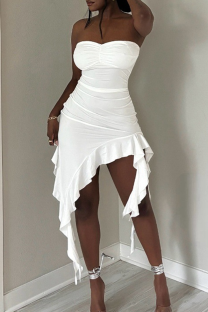 White Sexy Solid Color Ruffle Hem Strapless Irregular Dresses