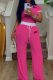 Rose Red Casual Letters Contrast O Neck Short Sleeve Two Pieces