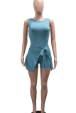 Blue Casual Solid Color Strap Design O Neck Sleeveless Two Pieces