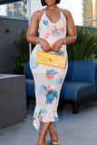 Blue Elegant Print Backless Ruffle Hem Halter Long Dresses