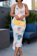 Blue Elegant Print Backless Ruffle Hem Halter Long Dresses