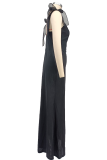 Black Elegant Solid Color Slit Mesh Spaghetti Strap Long Dresses