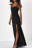 Black Elegant Solid Color Slit Mesh Spaghetti Strap Long Dresses