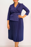 Black Elegant Solid Color With Belt Pleated Turndown Collar Long Dresses