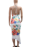 Blue Elegant Print Backless Ruffle Hem Halter Long Dresses