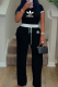 Black Casual Letters Draw String Contrast O Neck Short Sleeve Two Pieces