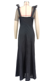 Black Elegant Solid Color Slit Mesh Spaghetti Strap Long Dresses